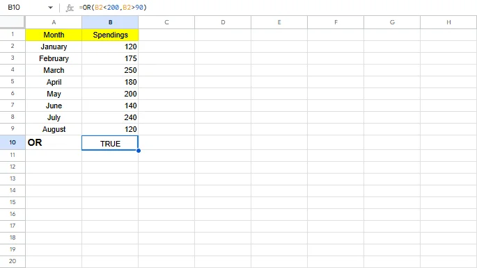 OR formula in Excel example with conditions