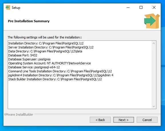 pre-installation summary in postgresql setup
