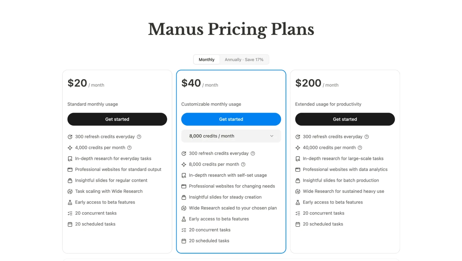 pricing of manus ai