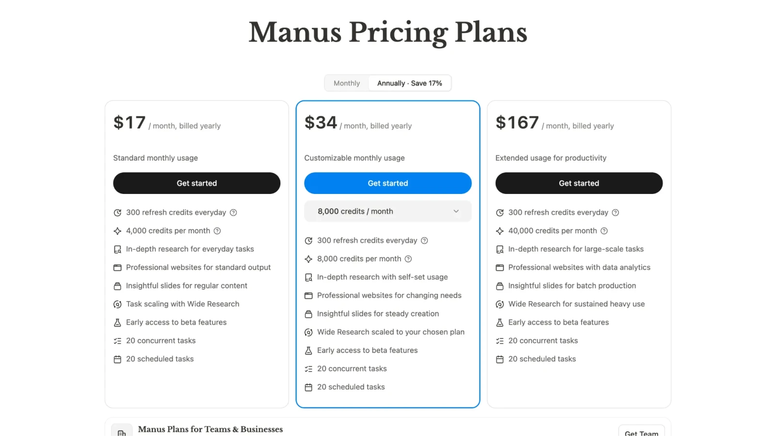 pricing plans of manus ai