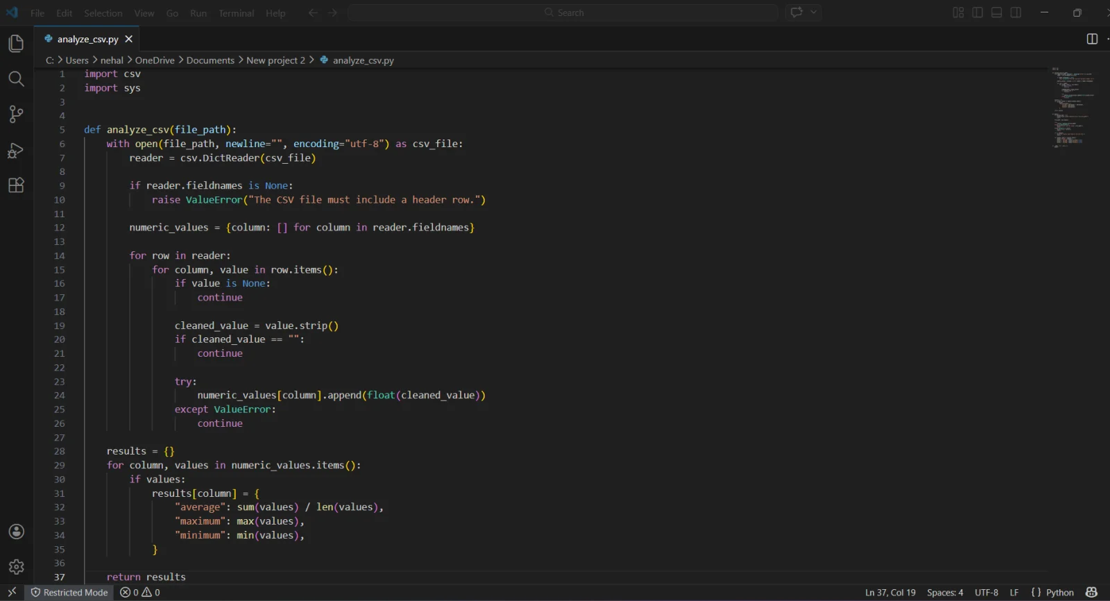 python code to analyze a csv file by codex
