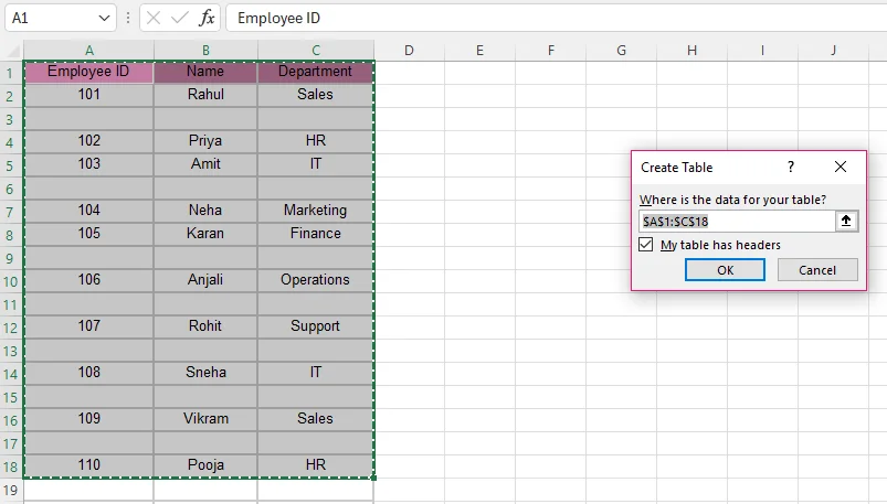 How to remove blank rows in excel using table method