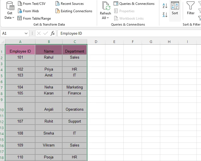 How to remove blank rows in excel using sort method