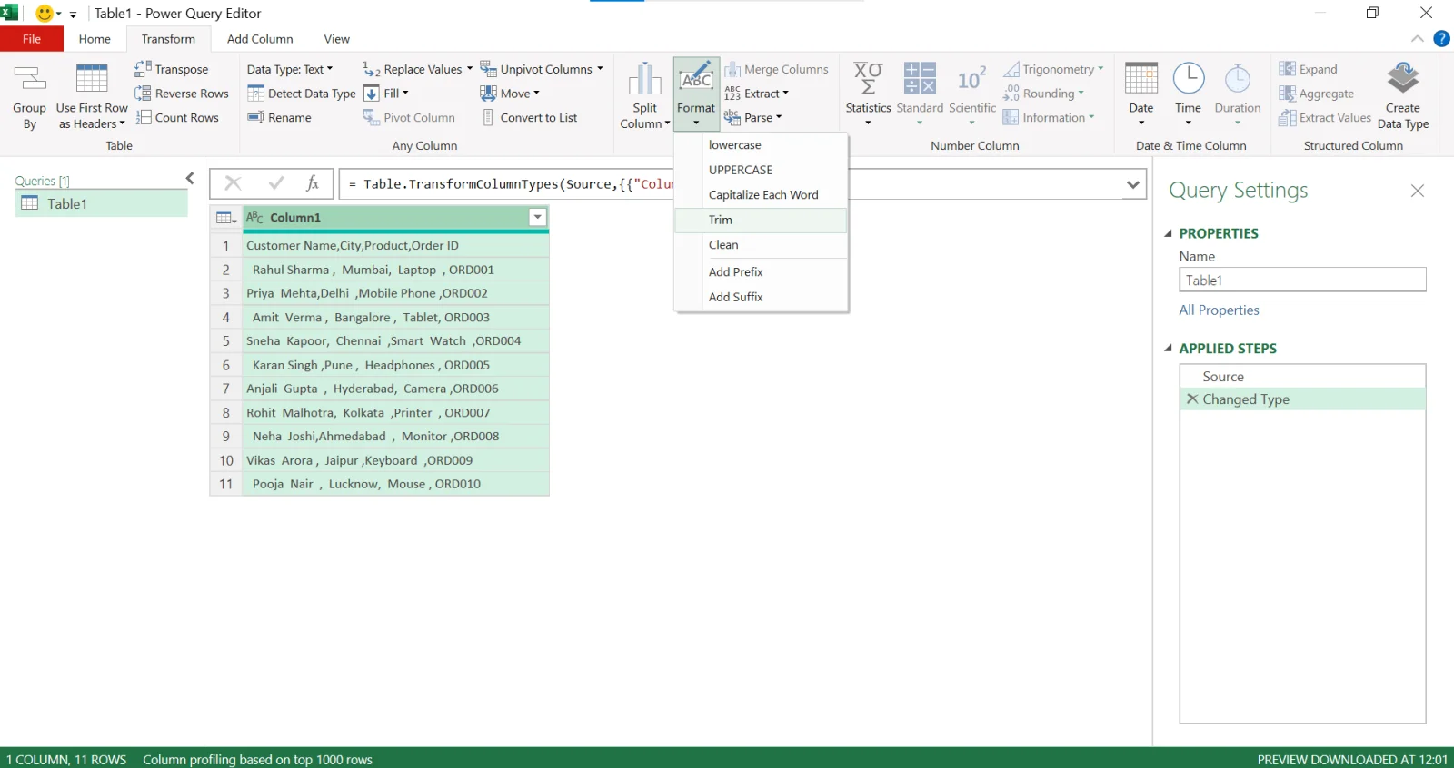 removing spaces using power query