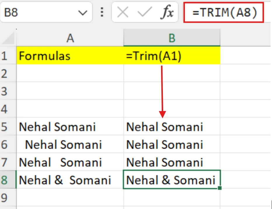 removing spaces with trim function in excel
