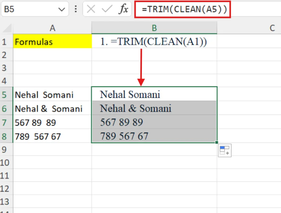 removing special spaces using clean and trim in excel