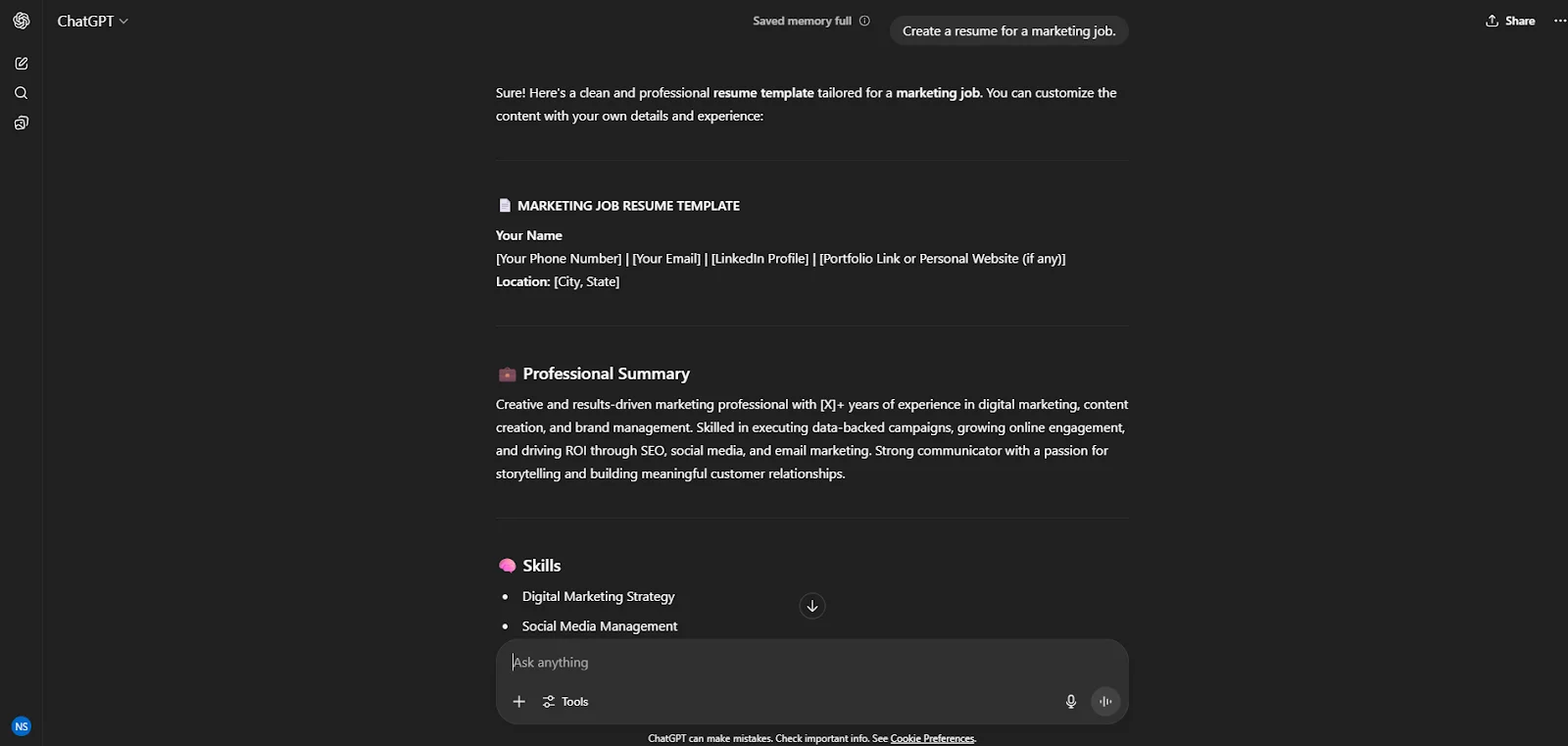 resume building with chatgpt 3.5