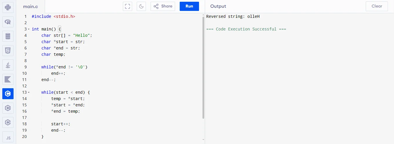 reversing a string using pointers in c