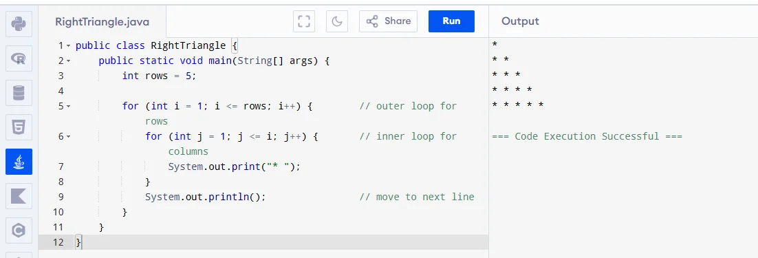 right triangle pattern program in java