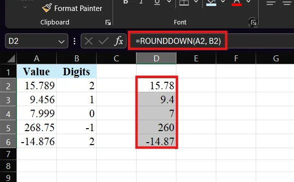 rounddown function in excel