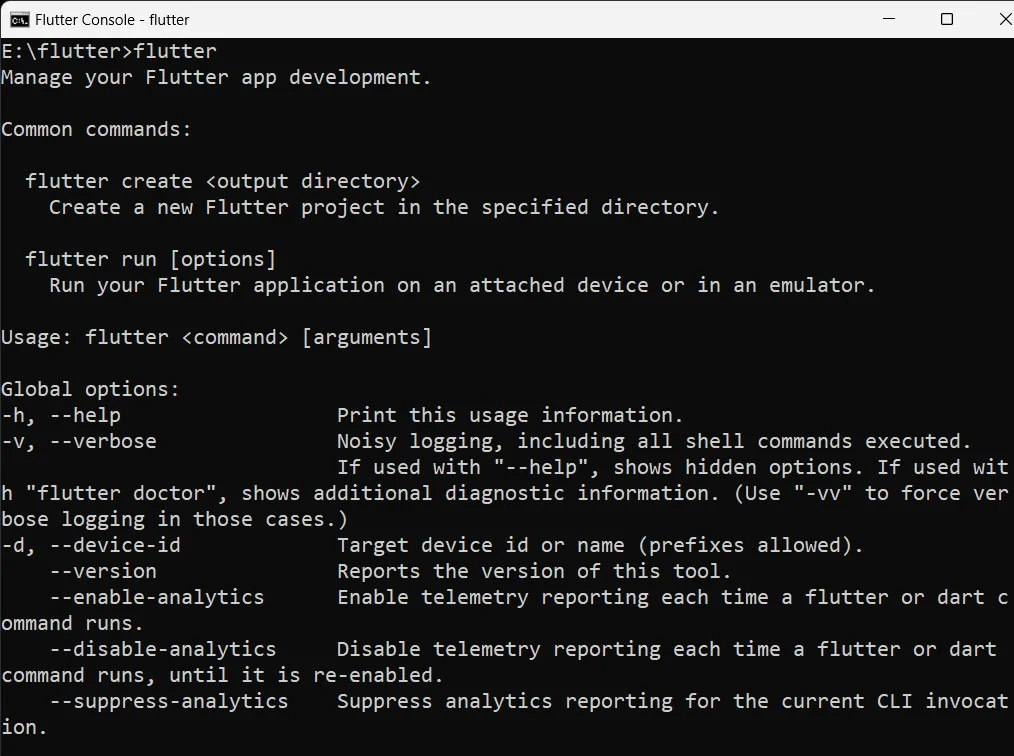running flutter commands in windows