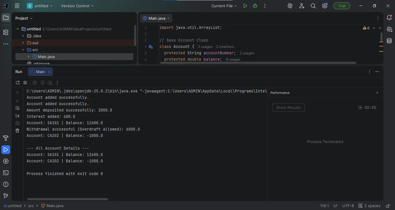 running project on creating a banking application using java oop
