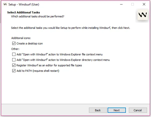select tasks and install windsurf