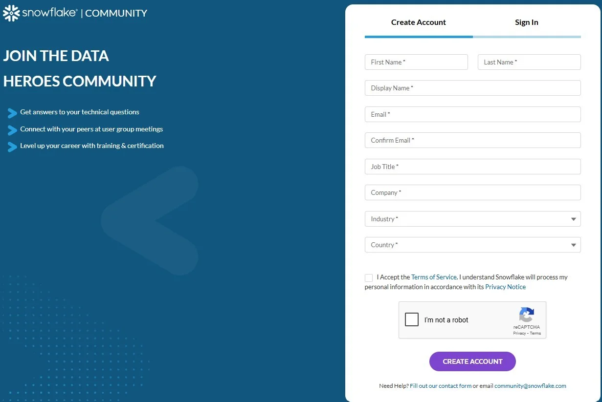 snowflake account creation page