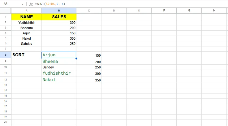sort excel formula