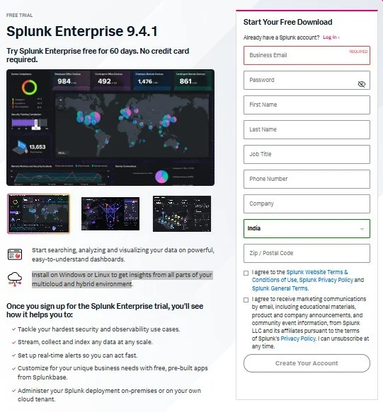 splunk account creation page
