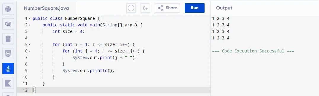 square number pattern programm in java