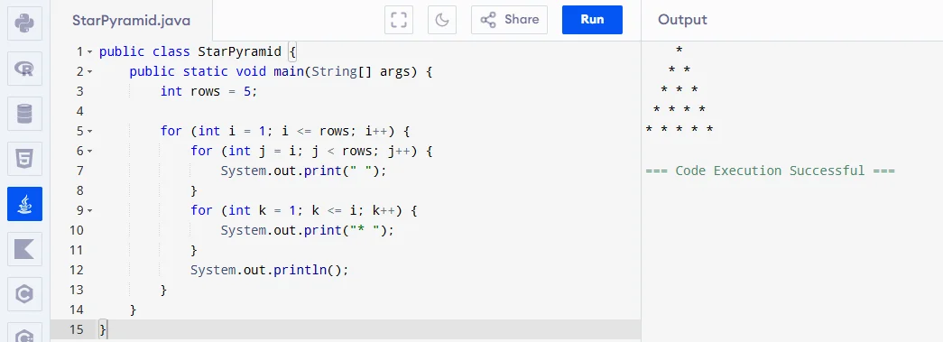 star pyramid pattern program in java