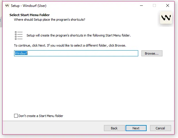 start menu folder windsurf