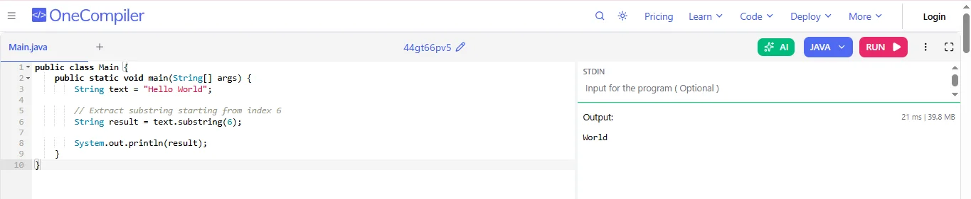 substring in java example