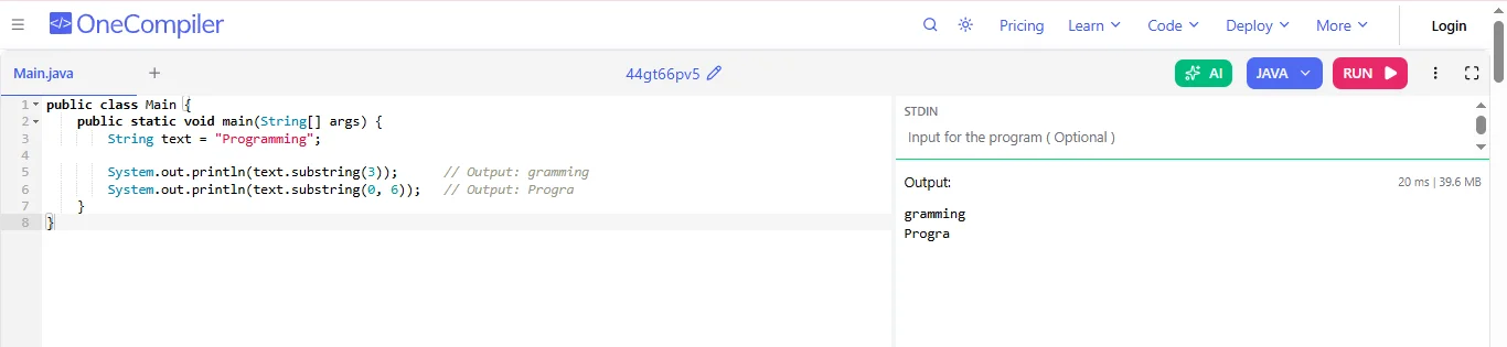 substring in java example