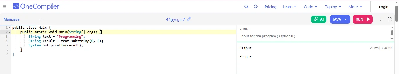 substring in java example