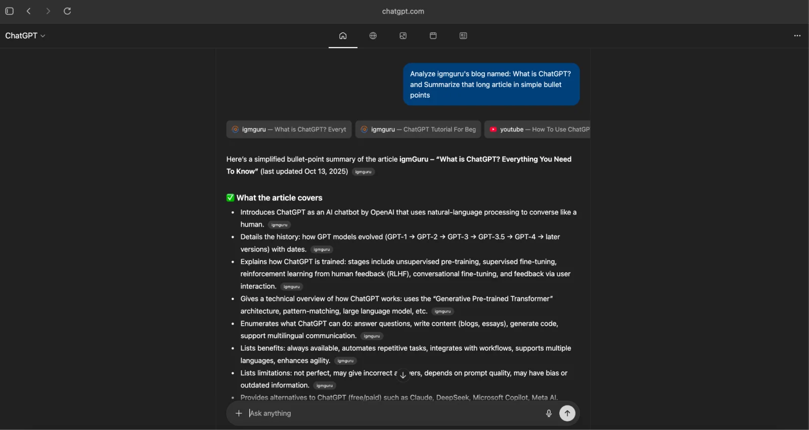 summarising an article in chatgpt-atlas