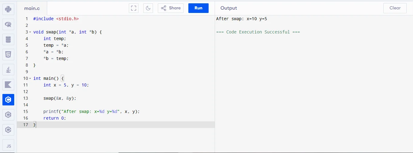 swapping two numbers using pointers in c
