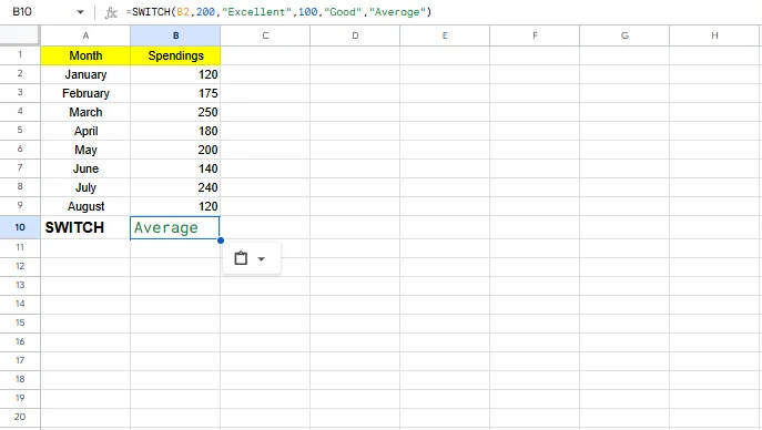 SWITCH formula in Excel example
