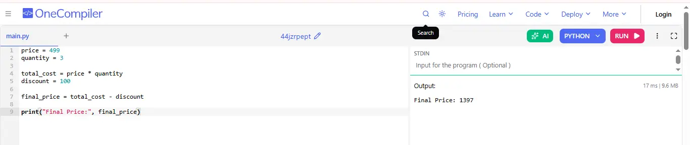 use of arithmetic operators in shopping cart