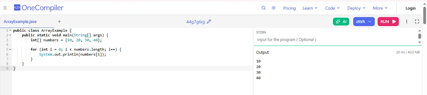 using a for loop in java