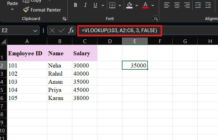 example of using vlookup
