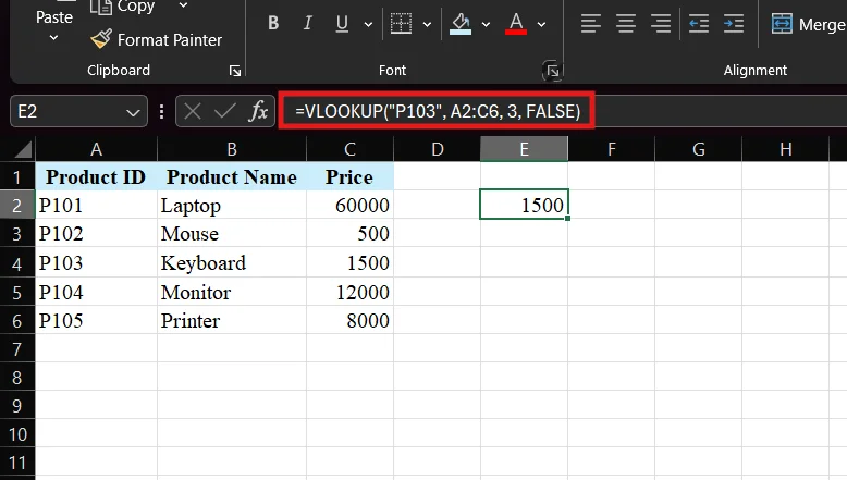 example of using vlookup