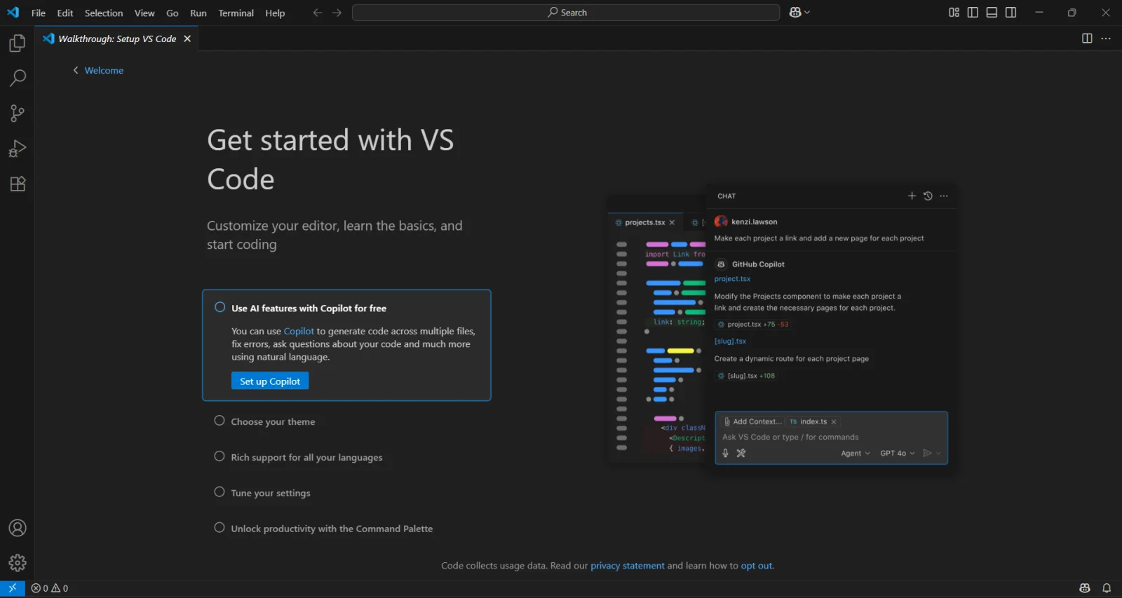 vs code welcome screen