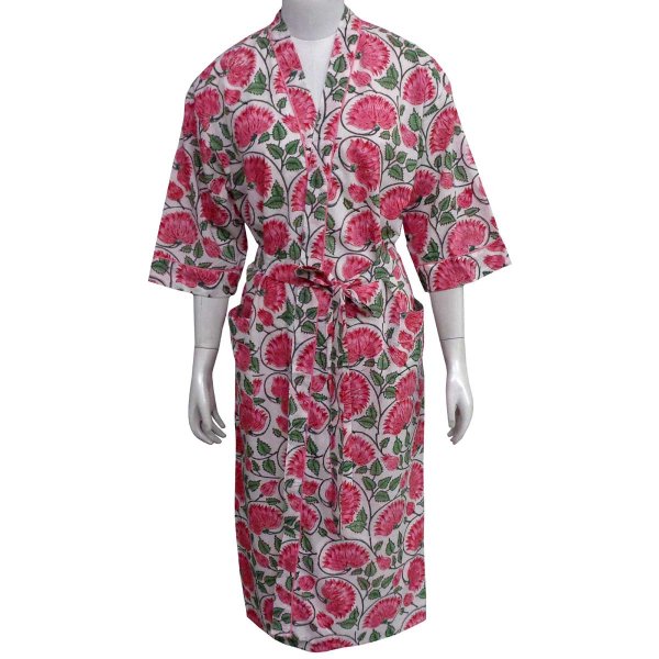 Indian Block-Printed 100 Cotton Kimono  Kamal Gulabi Open
