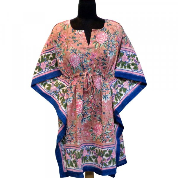 String Kaftan Free Size Indian Block Printed on Soft Cotton Voile Misty Rose Gud