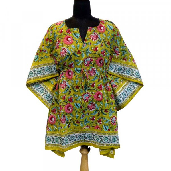String Kaftan Free Size Indian Block Printed on Soft Cotton Voile Phuljhari Olive Gud