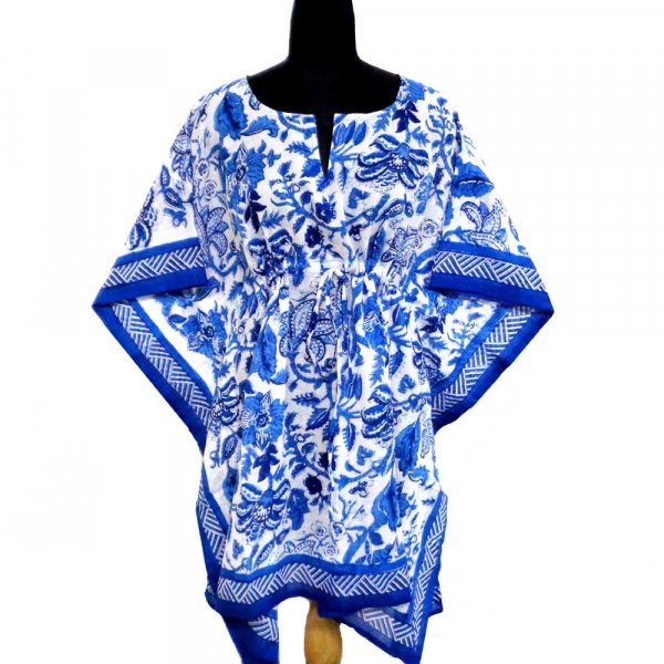 String Kaftan Free Size Indian Block Printed on Soft Cotton Voile Anarkali Blue Open