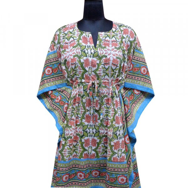 String Kaftan Free Size Indian Block Printed on Soft Cotton Voile Lotus Green Open
