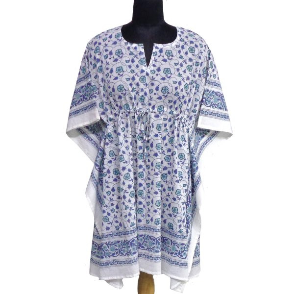 String Kaftan Free Size Indian Block Printed on Soft Cotton Voile Floral Kali Blue
