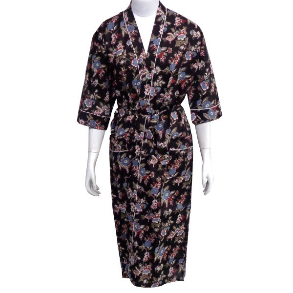 Indian Block-Printed 100 Cotton Kimono  Black Flower Gud