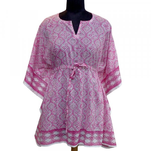 String Kaftan Free Size Indian Block Printed on Soft Cotton Voile Ogee Pink