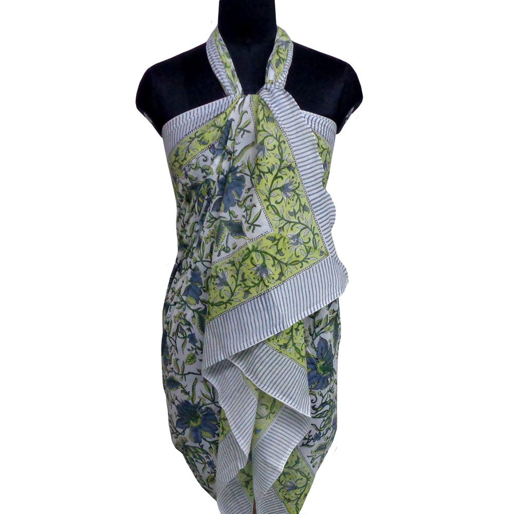 Beach Wrap Sarong Womens Swimwear Wraparound Pareo Soft Cotton Hand Block Printed Olive Flower open