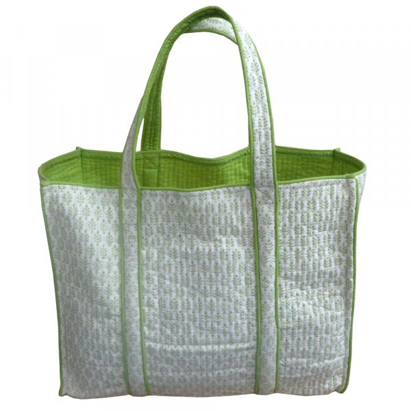 Hand Block Printed Cotton Quilted Tote Bag Neem Celadon Green