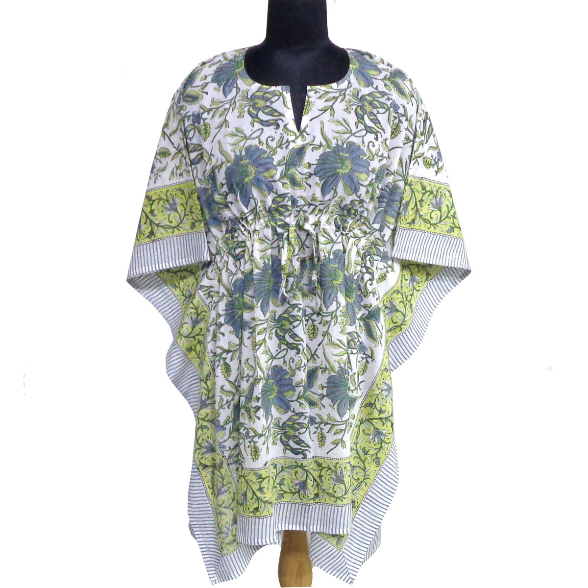 String Kaftan Free Size Indian Block Printed on Soft Cotton Voile Olive Flower Open