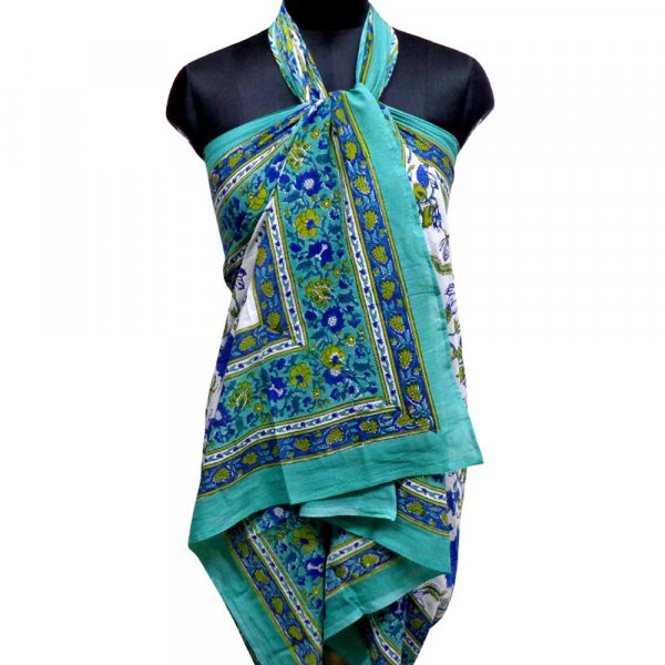 Beach Wrap Sarong Womens Swimwear Wraparound Pareo Soft Cotton Hand Block Printed Flower Blossom Sea Green Open