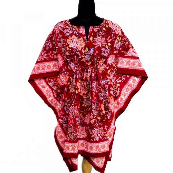 String Kaftan Free Size Indian Block Printed on Soft Cotton Voile Misty Red