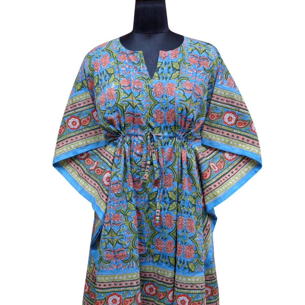 String Kaftan Free Size Indian Block Printed on Soft Cotton Voile Lotus Green Gud
