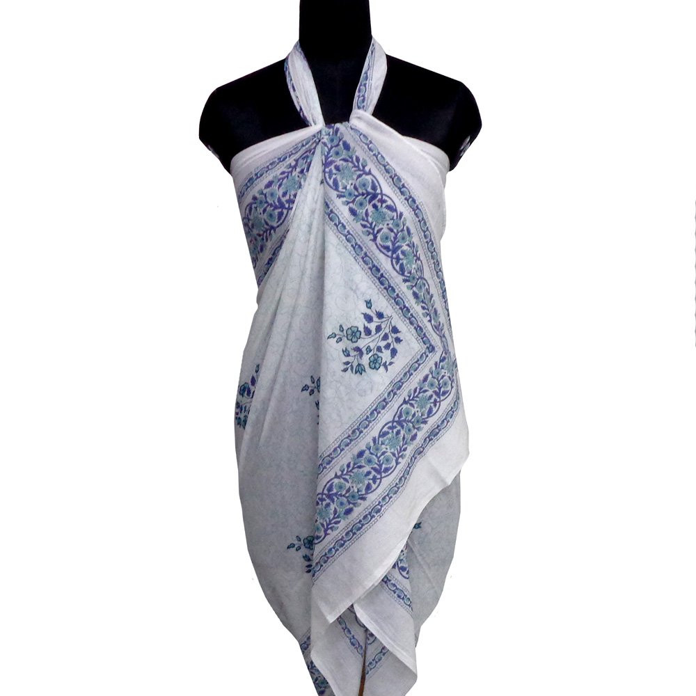 Beach Wrap Sarong Womens Swimwear Wraparound Pareo Soft Cotton Hand Block Printed  Floral Kali Blue