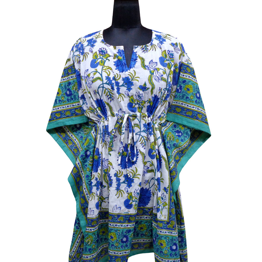 String Kaftan Free Size Indian Block Printed on Soft Cotton Voile Flower Blossom Sea Green Open